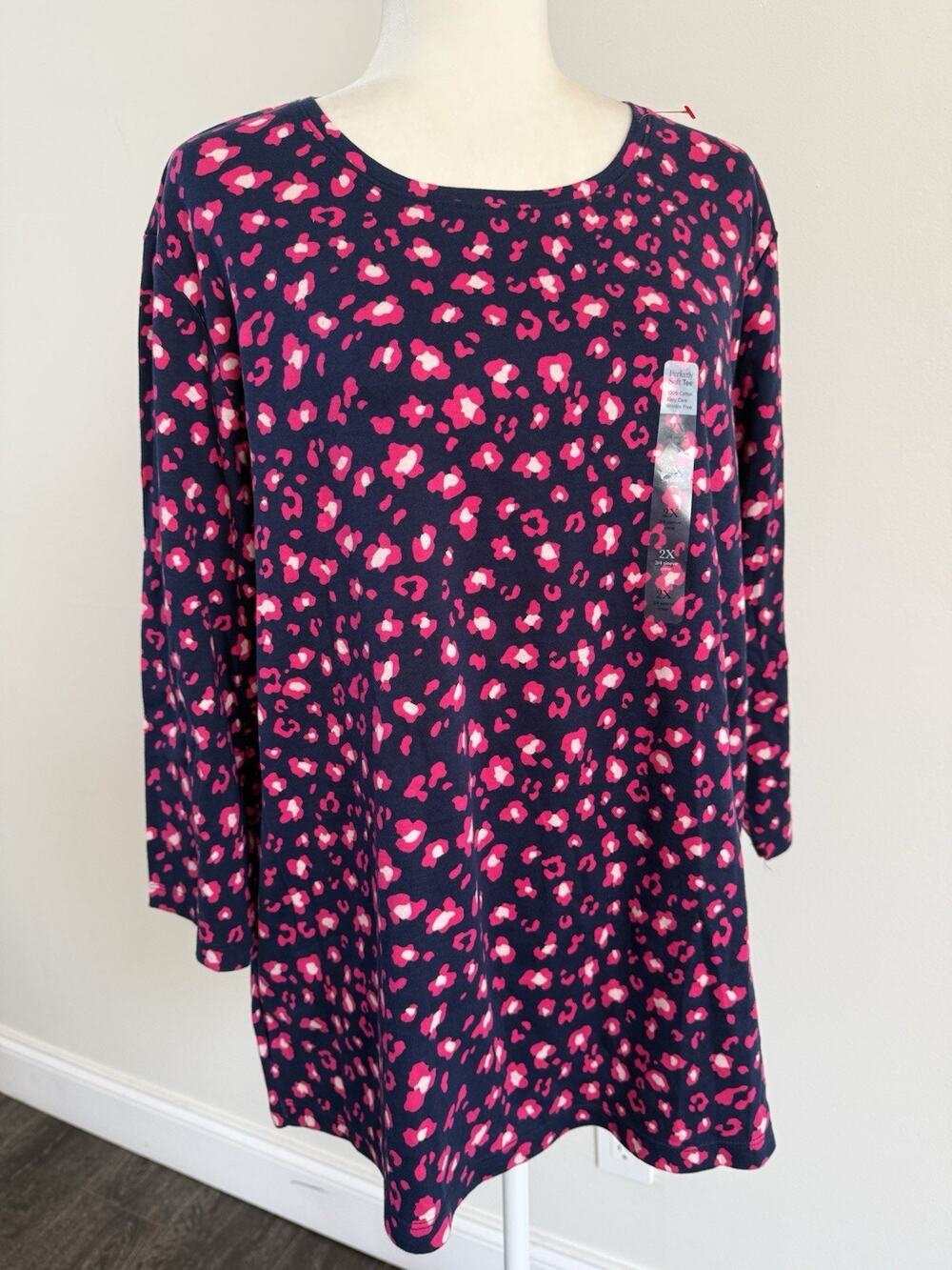 Kim Rogers Women's Perfectly Soft Printed 3/4 Sleeve Tee 100% Cotton Blue 2X(3X)